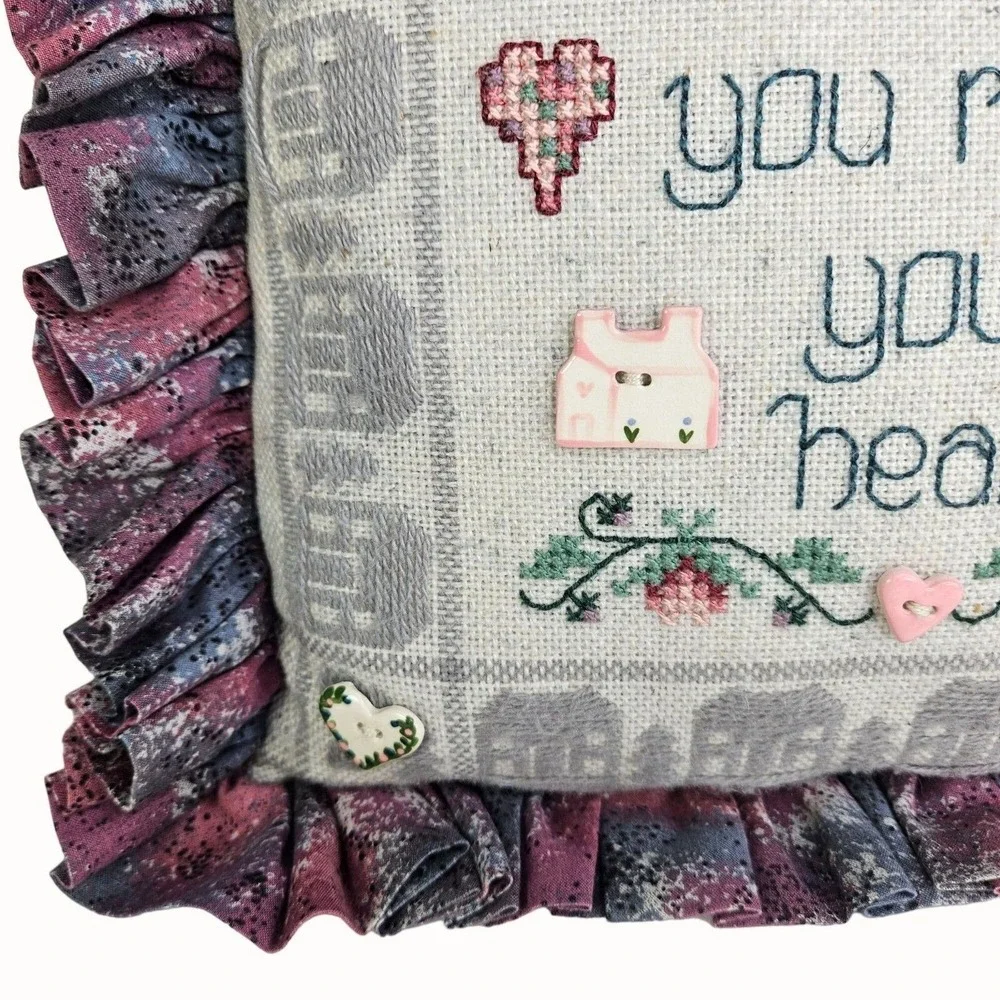 Shepherds Bush Home Heart Cross Stitch COMPLETED Pillow Buttons Family Stitching